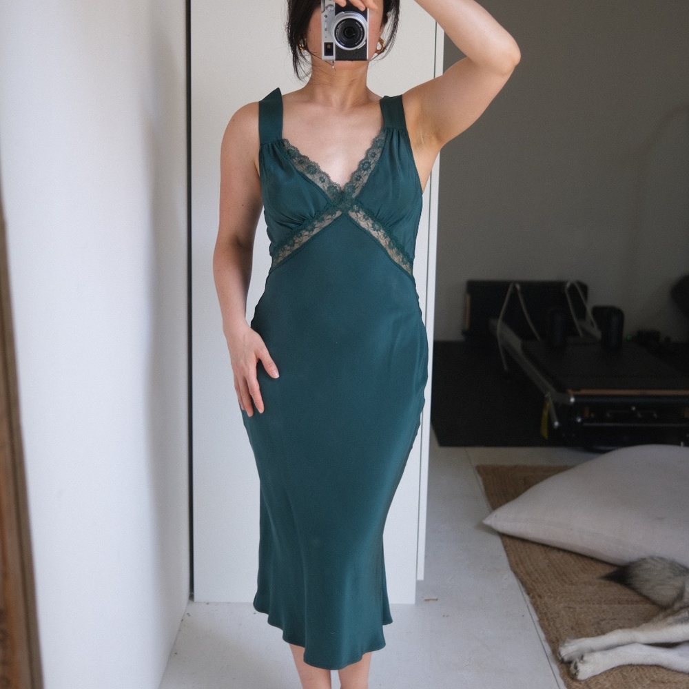 Reformation green silk and lace Provence dress